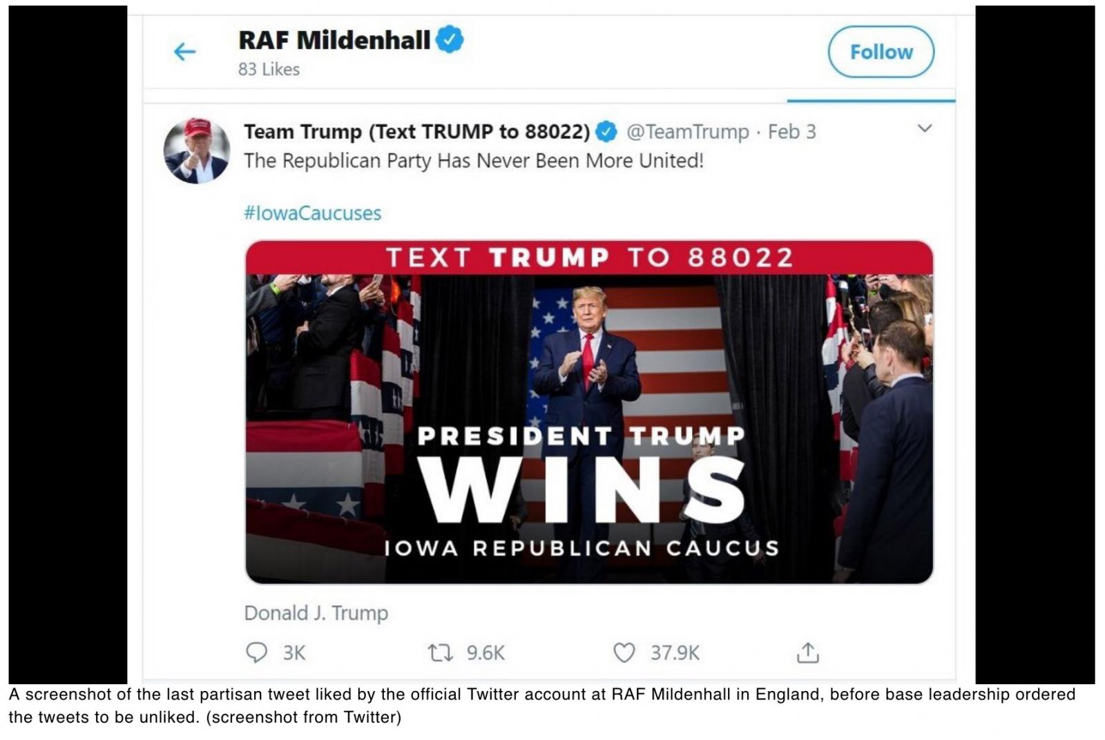  Mildenhall apologizes for political likes on social media