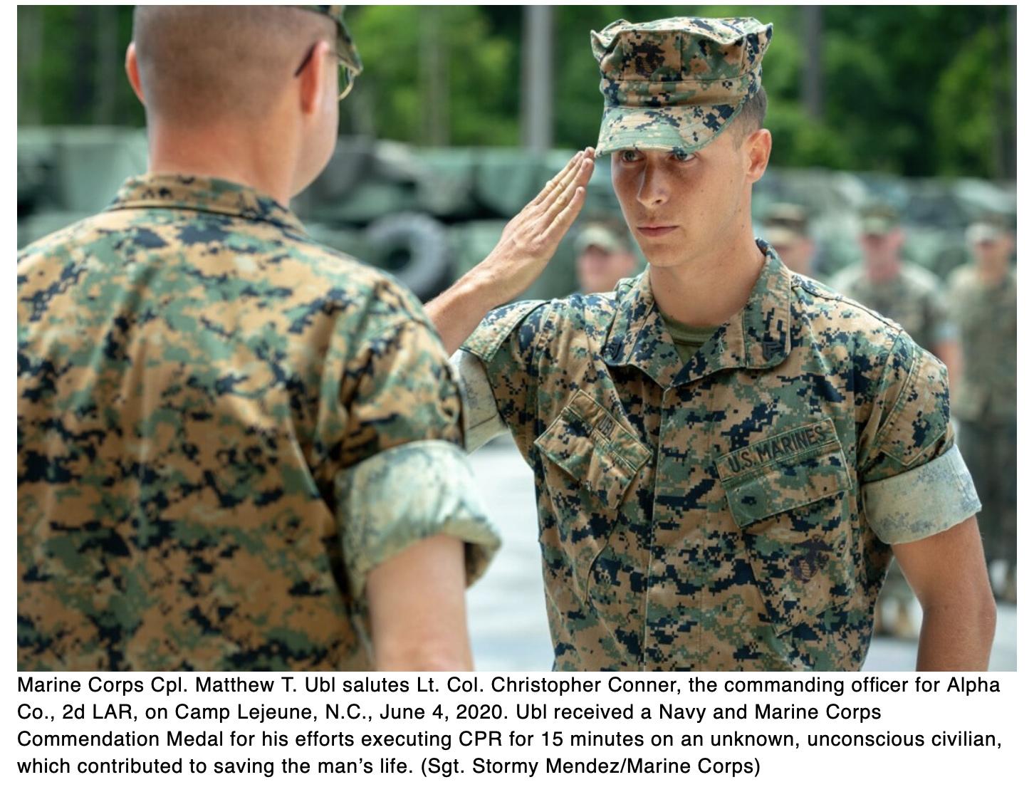  Marine recognized for performing CPR, saving life of unresponsive man at Walmart gas station