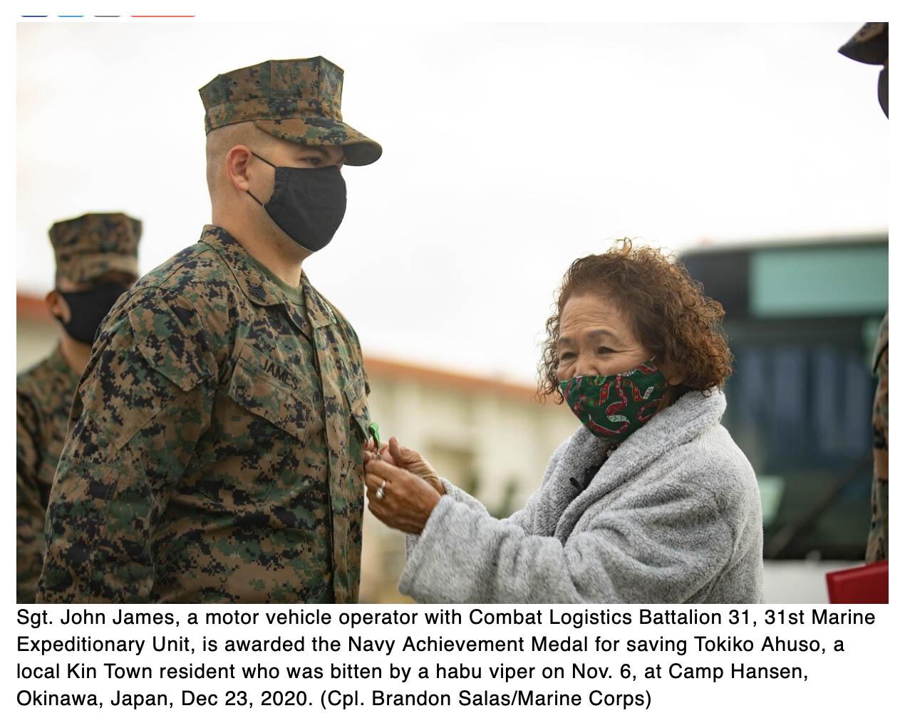  Marine awarded for saving Okinawan woman from venomous snake bite