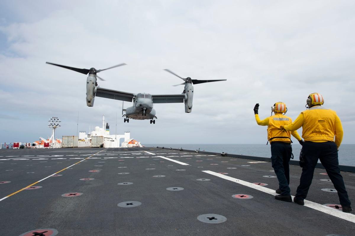 An MV-22B Osprey assigned to Air Test and Evaluation Squadron 21 of Naval Air Station Patuxent River, Md., takes off from the hospital ship Mercy April 14. (MC3 Luke Cunningham/Navy) V-22 Osprey conducts inaugural landing on hospital ship Mercyâ€™s new flight deck