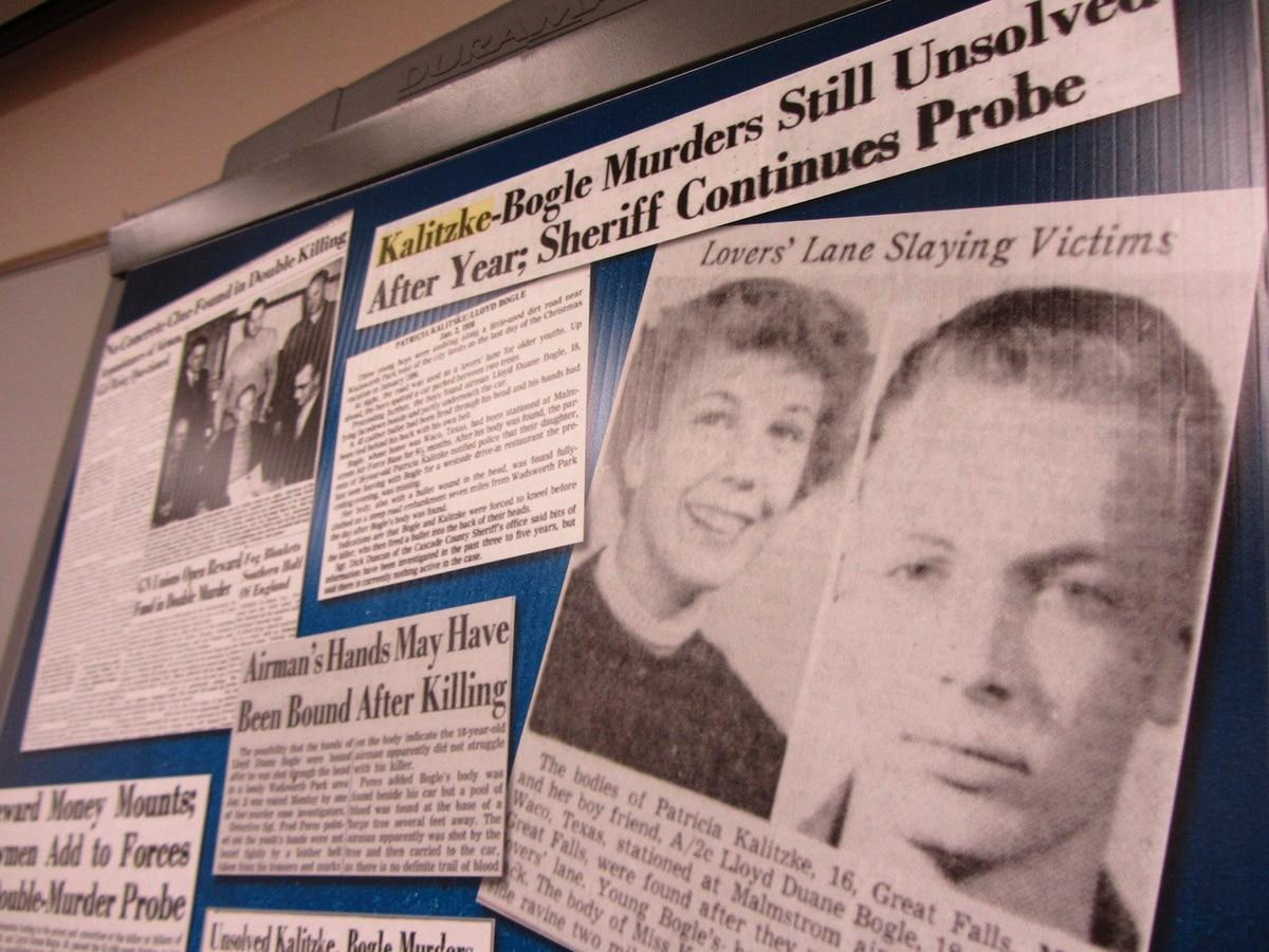 Clippings from the Great Falls Tribune that are displayed on June 8, 2021, in Great Falls, Mont., were part of the Cascade County Sheriff's Office investigative file into the 1956 murders of Patricia Kalitzke, 16, and Duan Forensic genealogy closes 65-year-old double homicide of Malmstrom airman and girlfriend