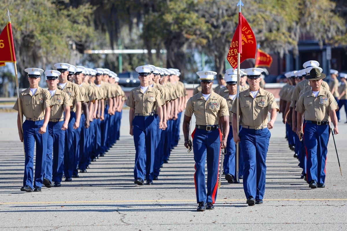 U.S. Marines with Papa Company, 4th Recruit Training Battalion, graduate aboard MCRD Parris Island.(LCpl. Samuel C. Fletcher/USMC) Please leave your guns at home for boot camp graduation, Parris Island officials say