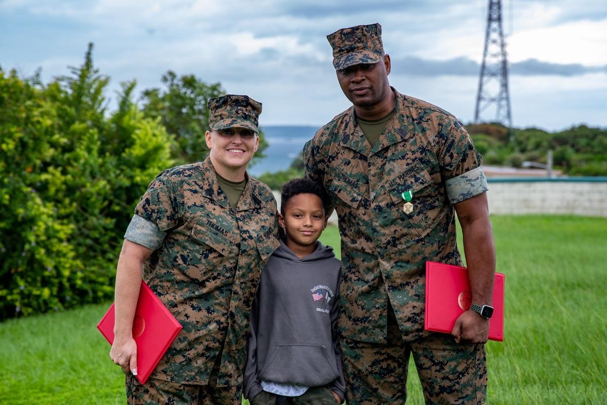 Master Gunnery Sgt. Ronald Thomas and Master Sgt. Sara Thomas receive Navy and Marine Corps Commendation Medals at Camp Courtney, Okinawa, Japan, on June 15, 2021, for their heroic actions at Ta-Taki Falls on Sept. 13, 202 Marine couple saves over a dozen hikers after Okinawa flash flood