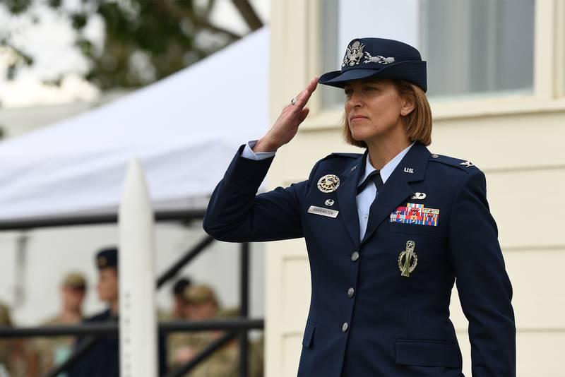 Col. Catherine Barrington, 90th Missile Wing commander, renders her first salute as commander to the airmen of the 90 MW at F.E. Warren Air Force Base, Wyo., June 28, 2021. (Airman 1st Class Charles Munoz/Air Force)  Wyoming-based nuclear missile force gets new commander