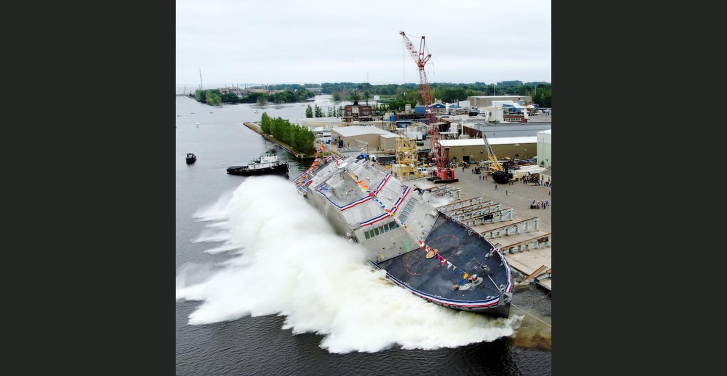 The future littoral combat ship Nantucket is launched into the the Menominee River at the Fincantieri Marinette Marine Shipyard in Wisconsin Saturday. (Lockheed Martin)  Navy christens, launches littoral combat ship Nantucket in Wisconsin