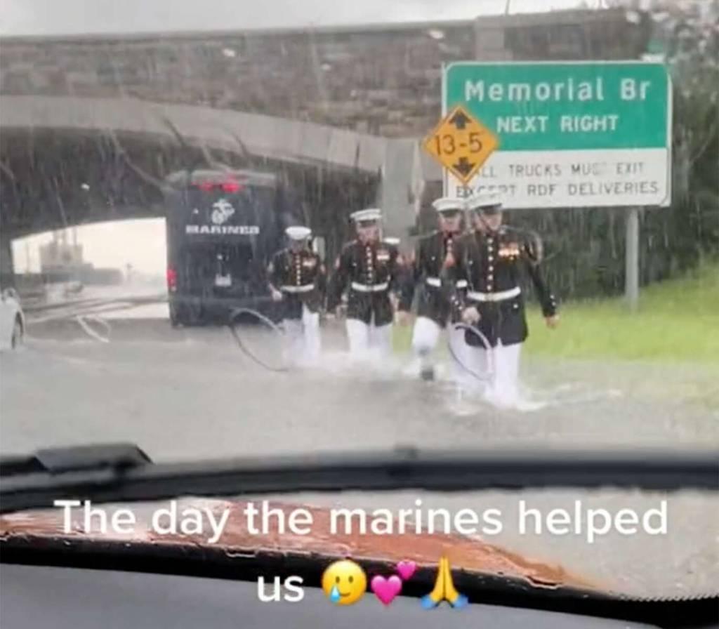 Marine body bearers from Marine Barracks Washington 8th & I were the subject of a viral TikTok video Thursday. (Screenshot, @vigi.boo/TikTok) Marines meet motorist they pushed out of high floodwaters
