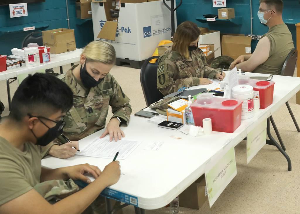 Soldiers deployed to Camp Arifjan, Kuwait, May 5, 2021 fill out their vaccination cards and paperwork before receiving the COVID-19 vaccination during 3rd Medical Command's Operation Med Spear. (Army/Staff Sgt. Neil W. McC Hereâ€™s how CENTCOMâ€™s COVID shot-givers beat the heat
