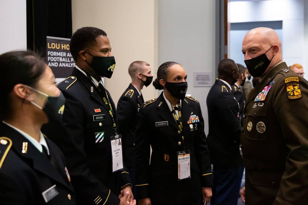 Maj. Gen. Johnny Davis thanks cadets from Bowie State University for helping with the annual AUSA conference in Washington, D.C., Oct. 11, 2021. (Kyle Crawford/Army) Army ROTC embraces cadet preferences in new talent management push