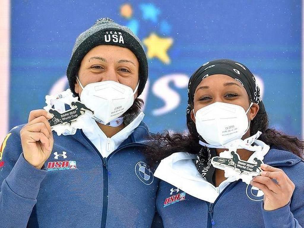 Elana Meyers Taylor (left) and Spc. Lake Kwaza (right) claim a bobsled World Cup win Sigulda, Latvia, January 2, 2022. Kwaza and Meyers Taylor finished two runs in 1 minute, 41.88 seconds. (Viesturs Lacis/ International Bo Soldier wins bobsledding World Cup ahead of Winter Olympics