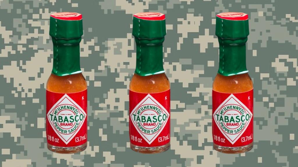 The signature bottles of tabasco will once again be included in MRE packages. (Composite via Canva) Tabasco bottles make a glorious return to the MRE
