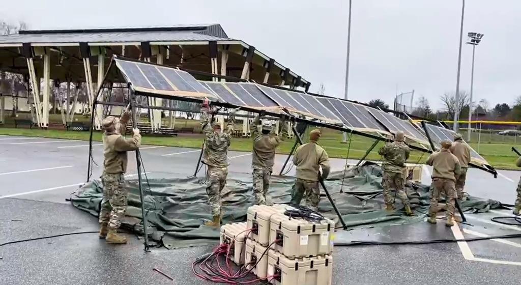 Troops set up Project Arcwater's photovoltaic fabric system, which can produce as much power as it takes to run the average American home. Screenshot from Project Arcwater's Spark Tank video. This yearâ€™s Air Force innovation prize winner makes it easier to plug in, drink up on deployment