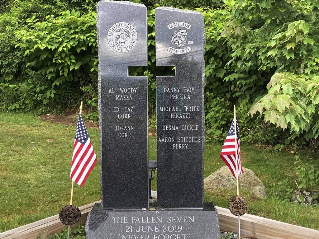 Victim names are listed on two stone pillars, part of a memorial to honor members of the Jarheads Motorcycle Club killed in a nearby crash, are visible July 13, 2022, on the roadside in Randolph, New Hampshire. (Kathy McCo ‘Long 3 years’: Trial to start in deaths of 7 ‘Jarhead’ motorcyclists