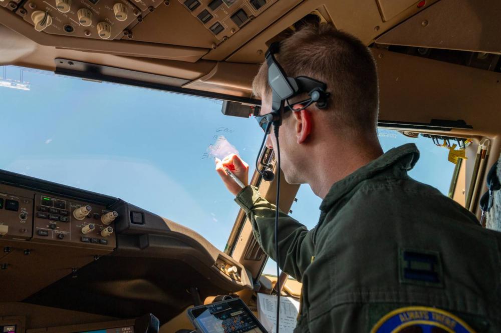 Enlarge Capt. Kevin Abbott, 344th Air Refueling Squadron instructor pilot, coordinates route ch... 